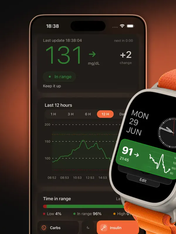 Dulce home screen with a glucose reading of 131 and an Apple Watch