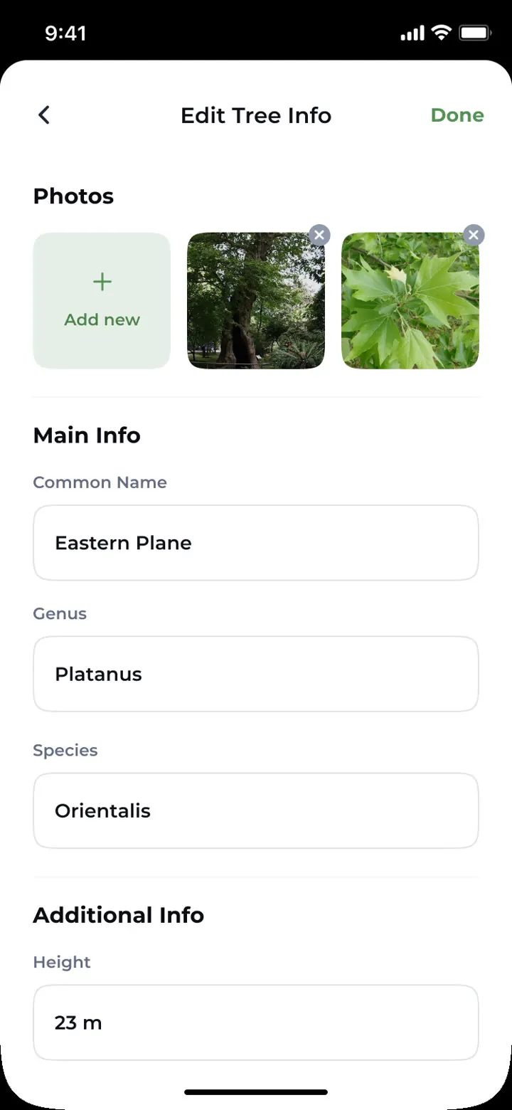 Tremap on iPhone: editing a tree's photos, name, genus and height